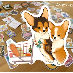 Corgi haciendo algunas compras, haciendo algunos recados, linda y pequeña pegatina gráfica retro de corgi, pegatina artística para amantes de los perros, obra de arte de corgi galés