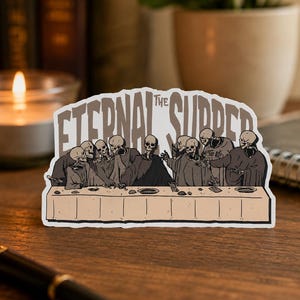 Klistermärke med den eviga måltiden: Ateistisk skallekonstparodi - Sista måltiden - Illustration av Herrens måltid - Konsttrycket Brödsbrytelsen