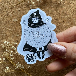 Sticker sorcier duveteux Sticker sorcier style bande dessinée Sticker sorcier noir et blanc Sticker magicien rétro sorcier avec baguette - finition mate