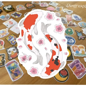 Illustrazione giapponese di pesce koi in stile yin yang, adesivo con fiore di loto, adesivo vintage, decalcomania giapponese