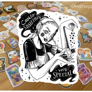 Adesivo per cucinare qualcosa di molto speciale, adesivo per stregoneria, adesivo per arte magica di culto oscuro, adesivo per grafica retrò, adesivo per arte da strega, adesivo per bambino lunare
