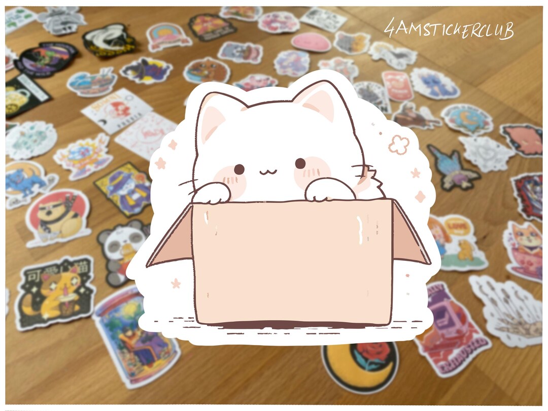 Cute Cat in Box Sticker Kawaii Kitty Vinyl Waterproof or Matte Paper ...