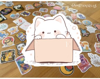 Cute Cat in Box Sticker Kawaii Kitty Vinyl Waterproof or Matte Paper Sticker for Laptop Water Bottle Notebook Planner Journal