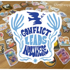 Pegatina "El conflicto no conduce a ninguna parte", ilustración contra la guerra, pegatina para detener la guerra, pegatina de la paloma de la paz, pegatina de paz y amor, arte