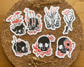 Botanical Skull Sticker Set: Black & Red Matte Stickers