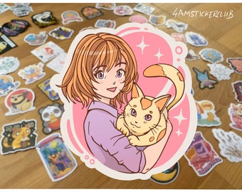 Kawaii Anime Girl and Cat Sticker: Manga Theme Illustration