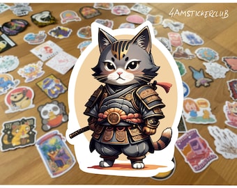 Samurai Cat Sticker Kawaii Warrior Kitty Vinyl Waterproof Japanese Armor Anime Style Katana Sticker for Laptops Journals Gifts Decor