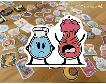 May include: A sticker sheet featuring two cartoon lab flasks. One flask is blue and sad, the other is red and angry, with pink fumes. The background is covered with various colorful stickers, and the text "4AMSTICKERCLUB" is visible.