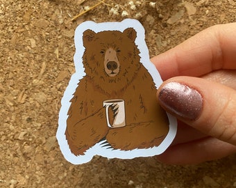 Tired Brown Bear drinking Coffee Sticker Funny Brown Bear Sticker Retro Color Sticker Color Stroke Sticker - Matte Finish