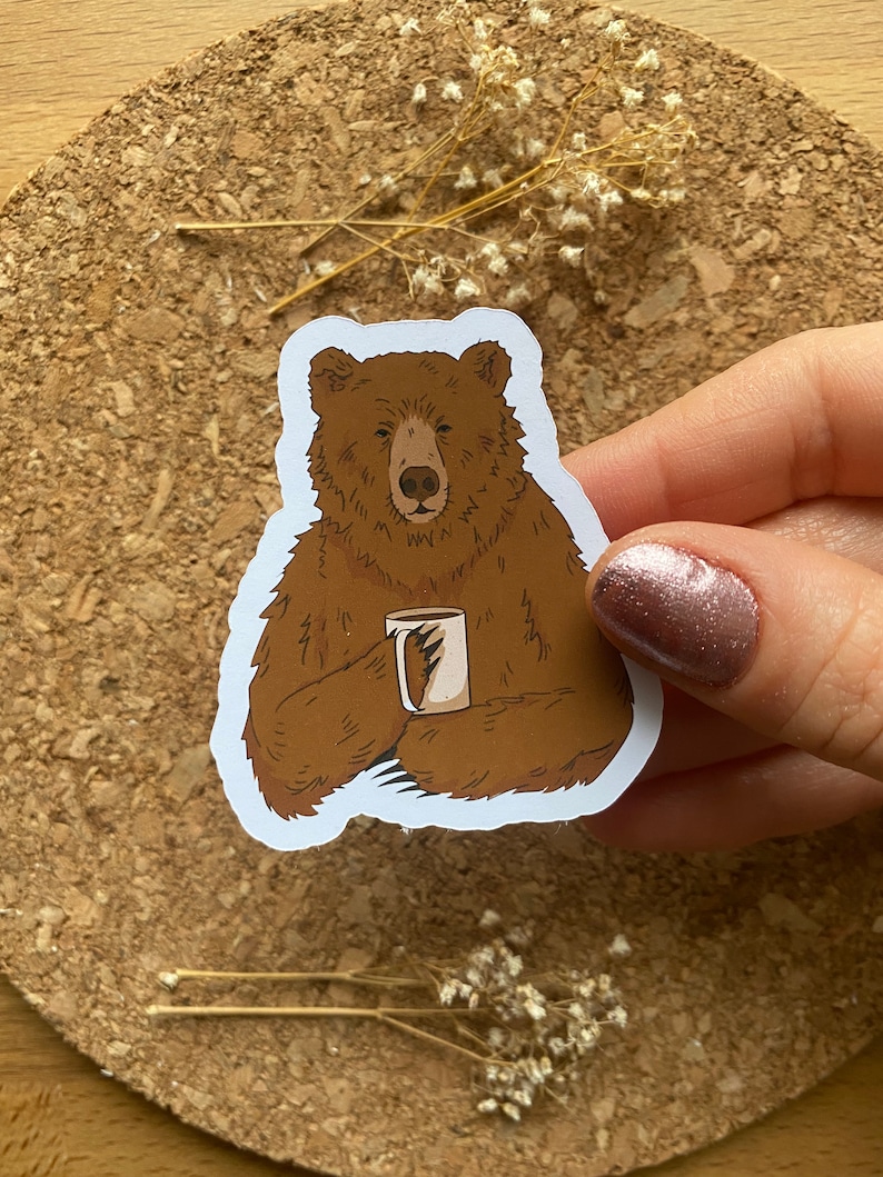 Funny Brown Bear Drinking Coffee Sticker - Retro Matte Finish image 1