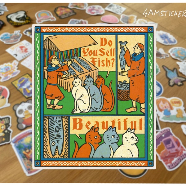 Do you sell fish sticker medieval sticker funny cat sticker fishy sticker ironic sticker middle ages sticker funny cat quote sticker