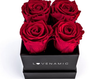 4 Echte Rote Rosen konserviert Rosenbox Blumen MIT GRAVUR Valentinstag Geschenk 