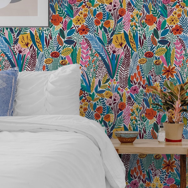 Floral Wallpaper |  Scandinavian Wallpaper |  Vibrant Peel and Stick Wallpaper