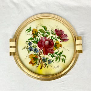 Round wooden tray decorated with a hand painted bouquet of flowers signed Masly vintage shabby chic French antique art deco