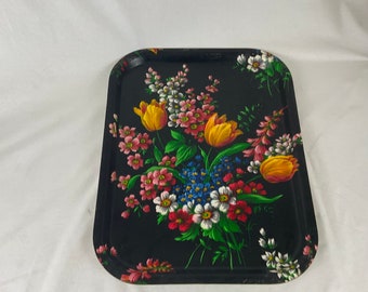 Schwarzes Tablett mit Blumendekor aus Fiberglas 50er, 60er, 70er Jahre