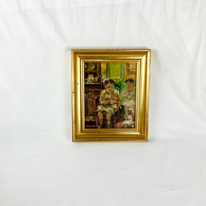 Roland Durieux Enfants et chat Huile sur carton signée Double signature noire et orange