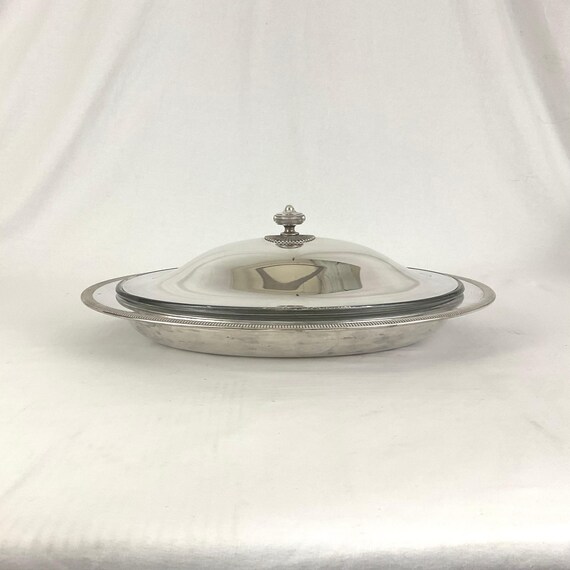 Plat de service ovale en métal argenté et Pyrex vintage shabby chic made in USA antique - Canada