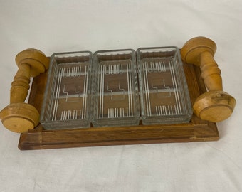 Aperitif serving tray centerpiece dessert sweets in wood engraved glass cups art nouveau art deco vintage