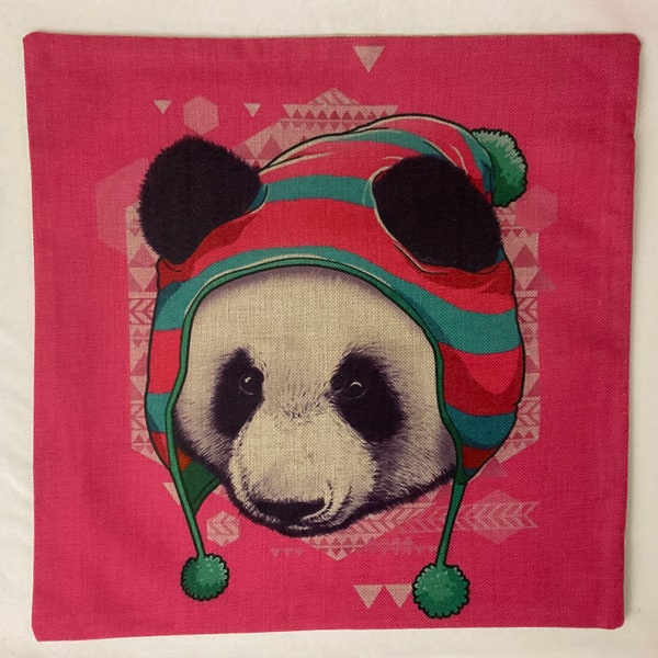 Housse de coussin ou oreiller décorative panda en bonnet