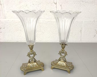 Pair of antique crystal flute vases on bronze base