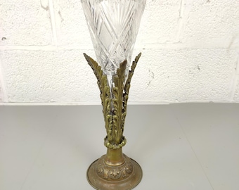 Antique crystal flute vase on bronze base