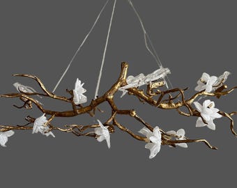 Swallow & Flower Branch Chandelier: Nature-Inspired Hanging Pendant Light