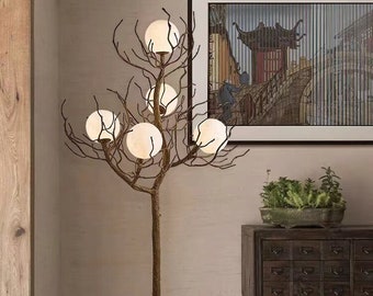 Nordic Style Tree Branch Floor Lamp with White Moon Bubble Glass Light, 5 lights