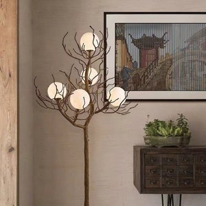 Nordic Style Tree Branch Floor Lamp with White Moon Bubble Glass Light