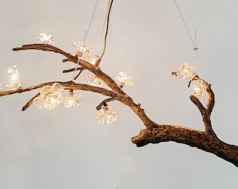 Nordic Tree Branch Chandelier,Plum Blossom Lights and Delicate Glass Birds Adorning Tree Branches