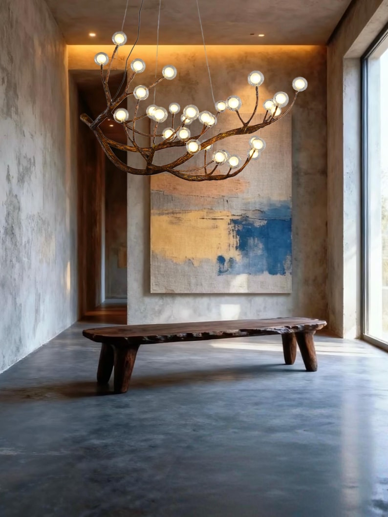 Nordic Rustic Tree Branch Hanging Chandelier with bubble glass shade for Home Decor image 1