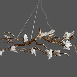 Artistic Decorative Pendant Light Inspired by Nature, Handmade Glass Swallow and Flower  Branch Chandelier 16 Lights