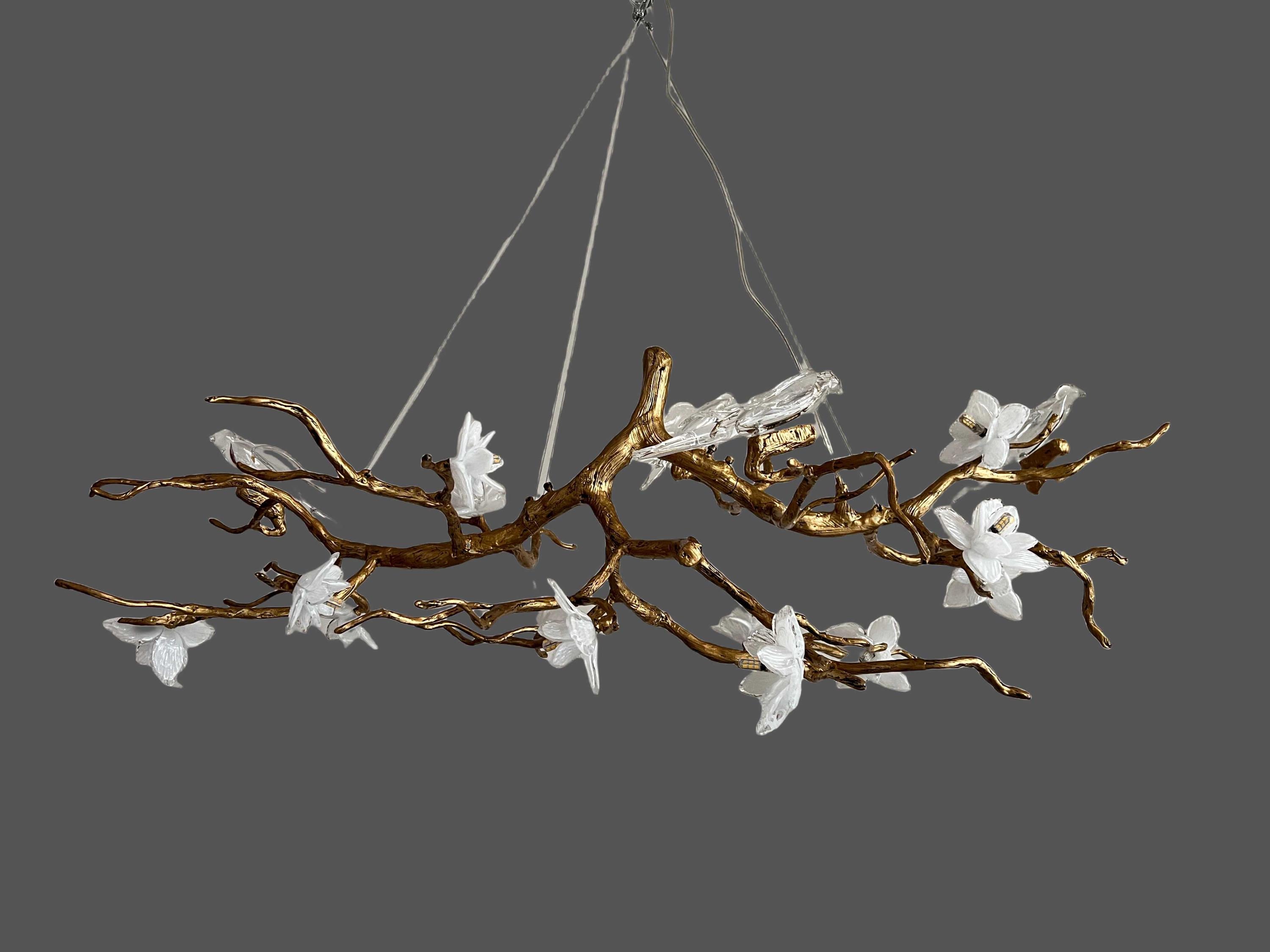 Artistic Decorative Pendant Light Inspired by Nature, Handmade Glass Swallow and Flower  Branch Chandelier 16 Lights