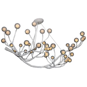 May include: A white, branch-like chandelier with multiple clear glass globes containing small light bulbs. The chandelier is curved and has a modern design.