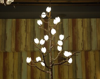 Nordic Rustic Tree Branch Chandelier with White Magnolia Glass Flowers - Modern Farmhouse Hanging Pendant Lights, 19 Lights