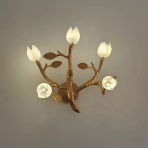 Rustic Farmhouse Wall Lamp with Tree Branches and Flowers Wall Decor