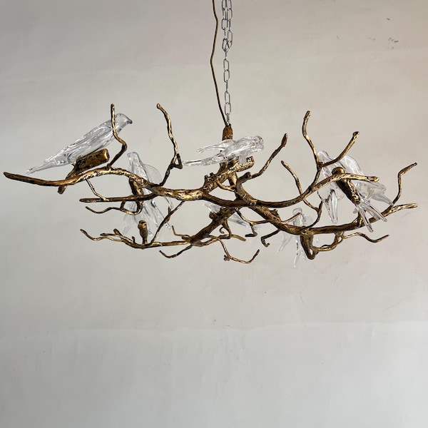 Lampe à suspension décorative artistique inspirée de la nature, lustre branche d'hirondelle en verre fait main