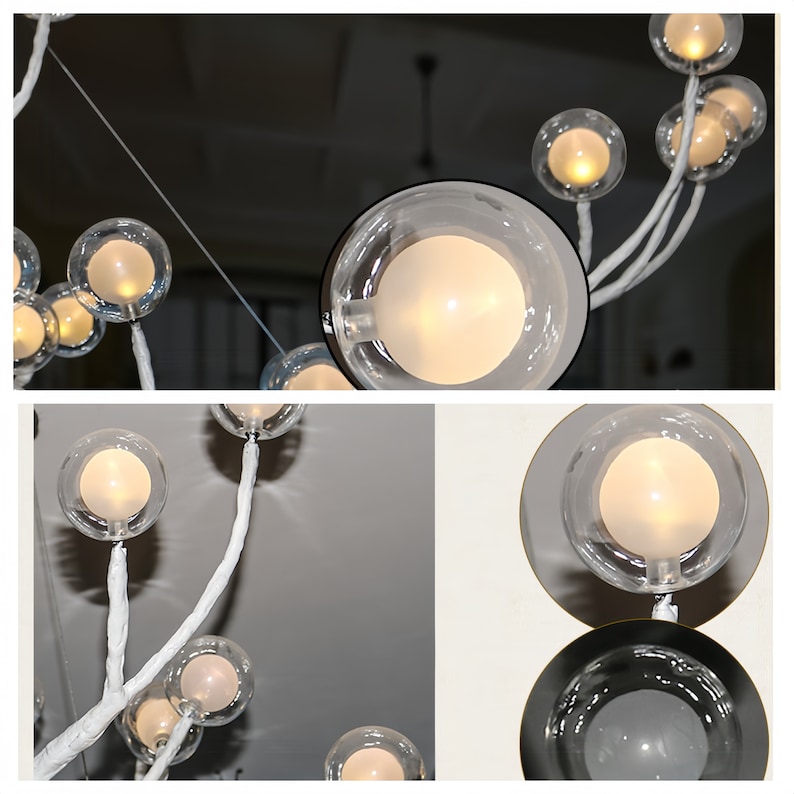 May include: A white, branch-like structure with multiple round glass bulbs. Each bulb contains a white, round light source. The bulbs are arranged in a cluster, creating a modern and minimalist design.