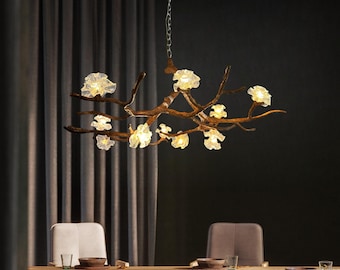 10-Light Natural Farmhouse Iron Chandelier – Rustic Tree Branch Design with Floral Glass Shades