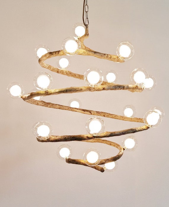 Nordic Rustic Tree Branch Hanging Chandelier With LED Bubble Glass