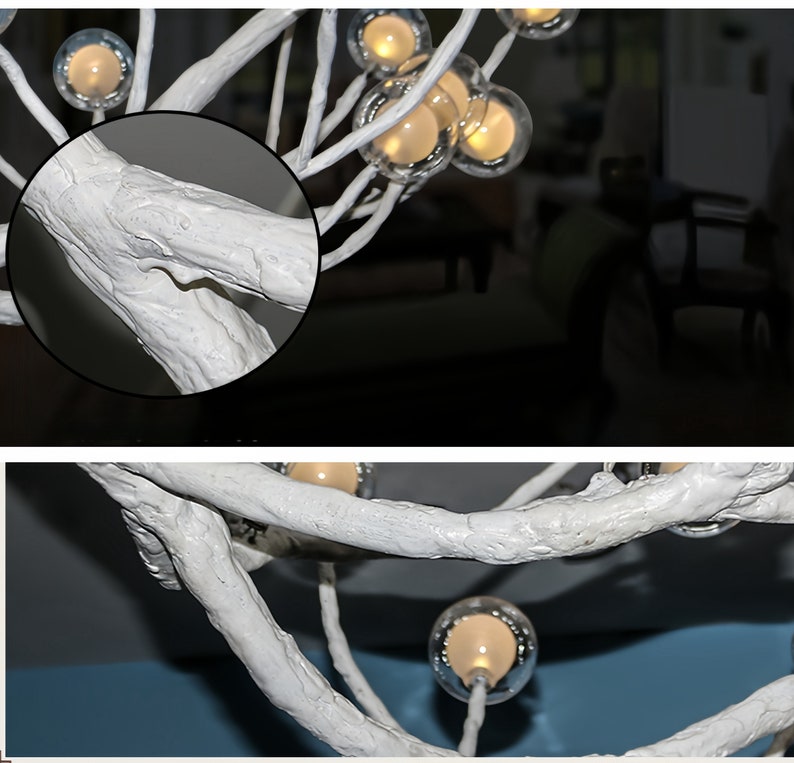 May include: White, twig-like branches form a unique chandelier with clear glass globes containing warm white lights. The branches are textured to resemble natural wood.
