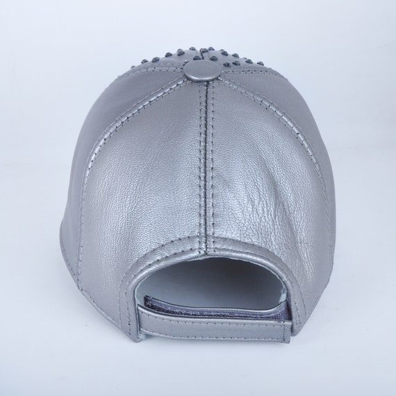 Gray Leather Cap With Rhinestone 