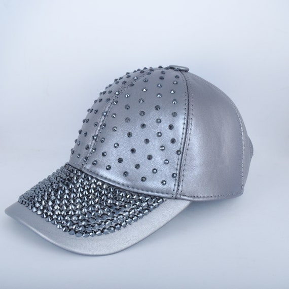Gray Leather Cap With Rhinestone 