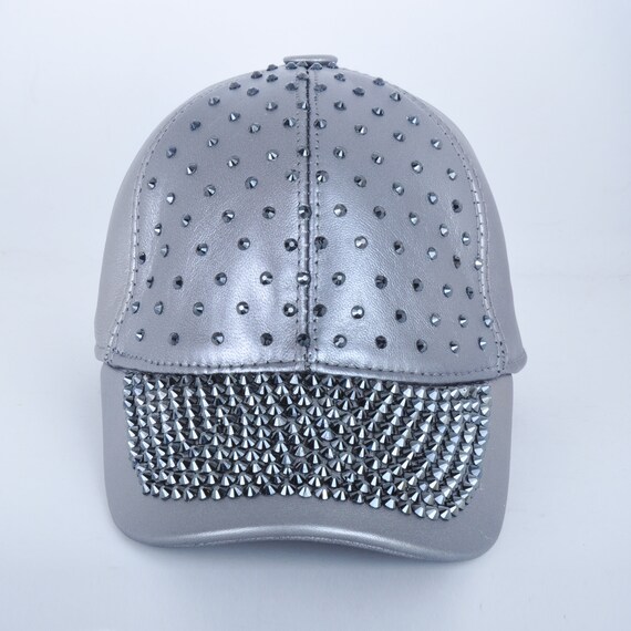 Gray Leather Cap With Rhinestone 