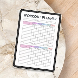 May include: A digital workout planner on a tablet with a white marble background. The planner has sections for date, focus area, duration, exercise, and sets. Each set has columns for weight, reps, and notes.