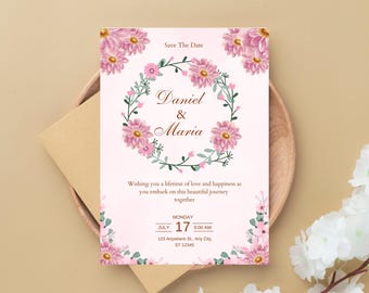 Elegante Rosa Einfache Hochzeitseinladungskarte - Printable Hochzeit einladen