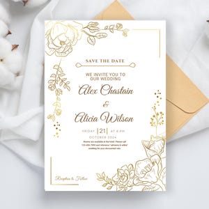 Elegant Golden Flower Minimalist Wedding Invitation & Save the Date Card - Printable Wedding Stationery
