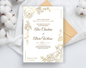 Elegante goldene Blume Minimalistische Hochzeitseinladung & Save the Date Karte - Printable Hochzeit Papeterie