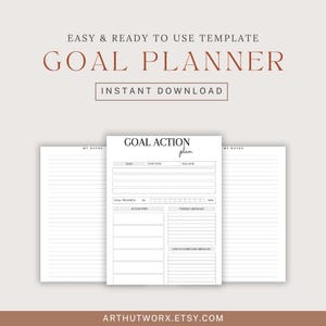 May include: Printable goal planner template with a black and white design. The template includes sections for goal, start date, due date, goal progress, action steps, possible obstacles, and how to overcome obstacles. The template also includes a section for notes.