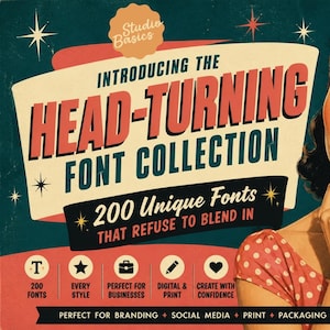 Könnte beinhalten: Eine digitale Grafikwerbung für die Studio Basics Head-Turning Font Collection mit 200 einzigartigen Schriftarten. Das Bild zeigt eine Illustration im Retro-Stil einer Person mit dunklem Haar, einem rot gepunkteten Stirnband und einem rot gepunkteten Kleid.