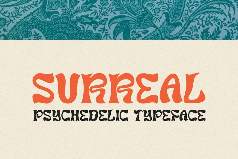 Peut inclure: Polices de caract&egrave;res psych&eacute;d&eacute;liques surr&eacute;alistes en orange avec du texte noir en dessous qui lit "psychedelic typeface".